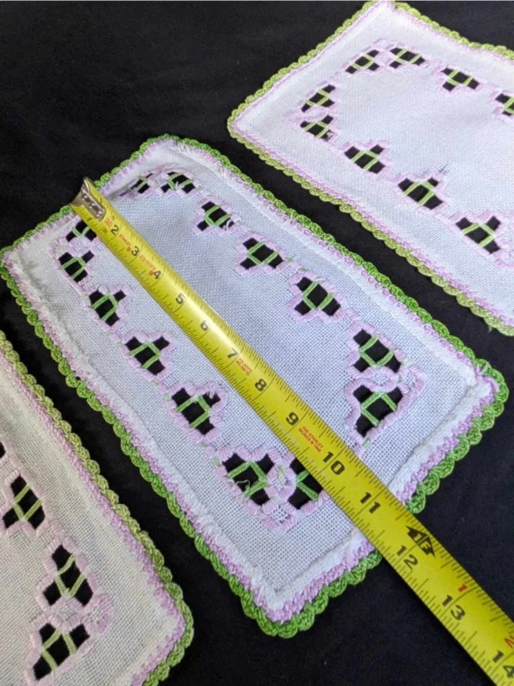 Vtg Doily Dresser Scarf Set of 3 Crochet Edge Embroidered Cut Outs White Linen
